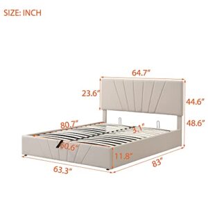 KELRIA Queen Size Upholstered Platform Bed with a Hydraulic Storage System, for Bedroom, Guest Room, Children Room, Wooden Construction, Easy to Assemble, Beige