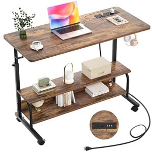 height adjustable standing desk with power outlets, 39" manual stand up desk with storage shelves small mobile rolling computer desk portable laptop table with wheels for home office, rustic
