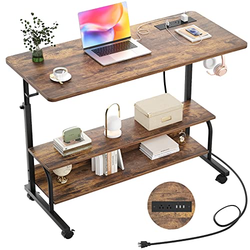 Height Adjustable Standing Desk with Power Outlets, 39" Manual Stand Up Desk with Storage Shelves Small Mobile Rolling Computer Desk Portable Laptop Table with Wheels for Home Office, Rustic