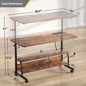 Height Adjustable Standing Desk with Power Outlets, 39" Manual Stand Up Desk with Storage Shelves Small Mobile Rolling Computer Desk Portable Laptop Table with Wheels for Home Office, Rustic