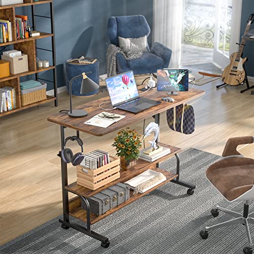 Height Adjustable Standing Desk with Power Outlets, 39" Manual Stand Up Desk with Storage Shelves Small Mobile Rolling Computer Desk Portable Laptop Table with Wheels for Home Office, Rustic