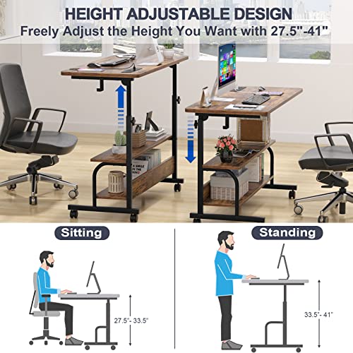 Height Adjustable Standing Desk with Power Outlets, 39" Manual Stand Up Desk with Storage Shelves Small Mobile Rolling Computer Desk Portable Laptop Table with Wheels for Home Office, Rustic