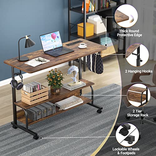 Height Adjustable Standing Desk with Power Outlets, 39" Manual Stand Up Desk with Storage Shelves Small Mobile Rolling Computer Desk Portable Laptop Table with Wheels for Home Office, Rustic