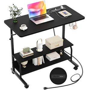 height adjustable standing desk with power outlets, 32" manual stand up desk with storage shelves small mobile rolling computer desk portable laptop table with wheels for home office, black