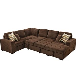 thsuper sectional sleeper sofa with pull out bed, oversized sectional couch with storage chaise u shape sleeper sectional sofa bed for living room, fabric dark brown