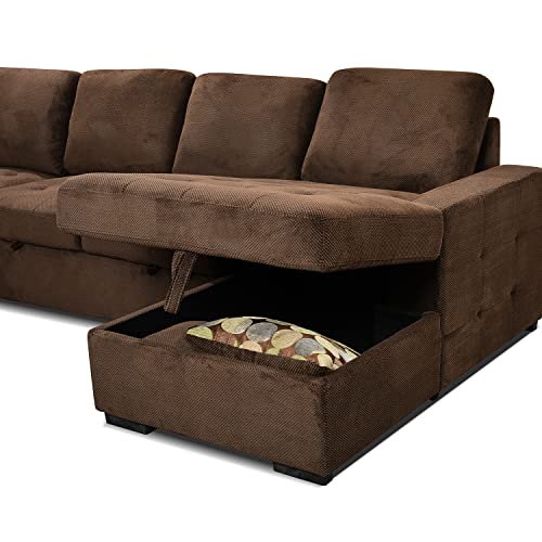 THSUPER Sectional Sleeper Sofa with Pull Out Bed, Oversized Sectional Couch with Storage Chaise U Shape Sleeper Sectional Sofa Bed for Living Room, Fabric Dark Brown