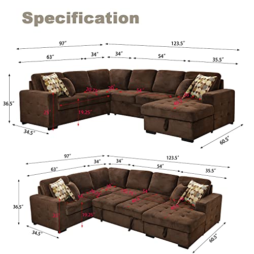 THSUPER Sectional Sleeper Sofa with Pull Out Bed, Oversized Sectional Couch with Storage Chaise U Shape Sleeper Sectional Sofa Bed for Living Room, Fabric Dark Brown