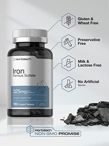 Iron Ferrous Sulfate | 325mg | 180 Count | Vegetarian, Non-GMO & Gluten Free Dietary Supplement | by Horbaach