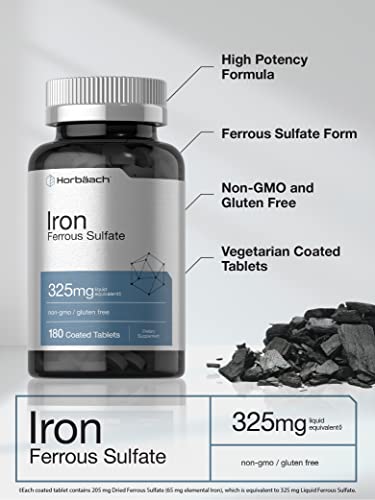 Iron Ferrous Sulfate | 325mg | 180 Count | Vegetarian, Non-GMO & Gluten Free Dietary Supplement | by Horbaach