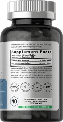 Iron Ferrous Sulfate | 325mg | 180 Count | Vegetarian, Non-GMO & Gluten Free Dietary Supplement | by Horbaach