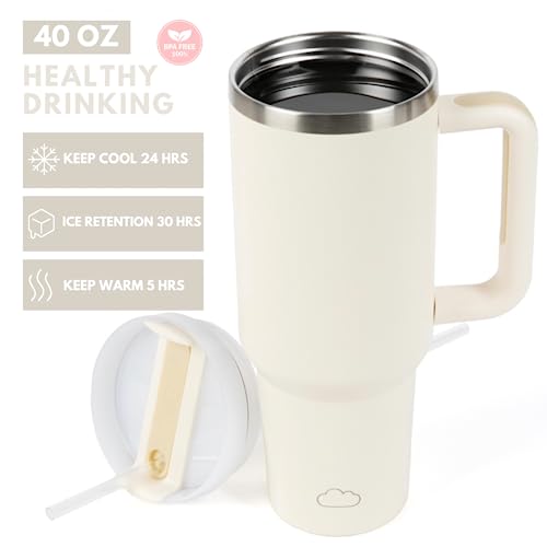 Cozy Steel 40 oz Tumbler with Handle and Straw Lid - Insulated Reusable Stainless Steel Travel Mug for Hot and Cold Beverages, Water Bottle, Iced Coffee Cup (Cream)