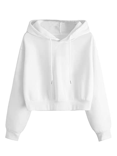 Cozyease Women's Graphic Letter Print Hoodies Drop Shoulder Long Sleeve Drawstring Casual Pullover Sweatshirt Tops White S