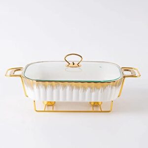 rectangular porcelain casserole warming trays for food, ceramics chafers, and buffet warmers sets, gold plating serving dishes (small 1.6 quarts)