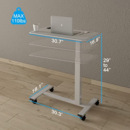 HITACTS Overbed Table Heigh Adjustable Pneumatic Hospital Bed Table with Lockable Wheels Rolling Bedside Table Standing Desk Over Bed for Home Office Height 29"-44"