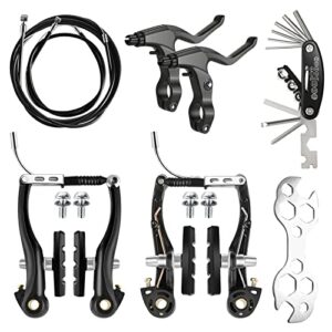 oamce complete bike brakes set - universal front and rear brakes with cables and levers, including multi-tool wrenches (black)