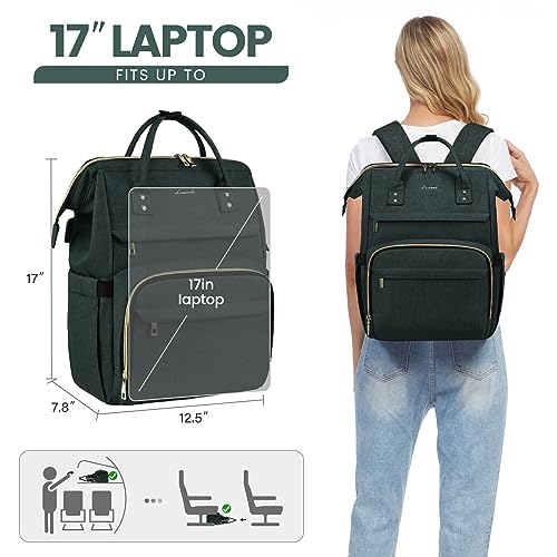 LOVEVOOK Laptop Backpack for Women,17 Inch Professional Womens Travel Backpack Purse Computer Laptop Bag Nurse Teacher Backpack,Waterproof College Work Bags Carry on Back Pack with USB Port,Dark Green