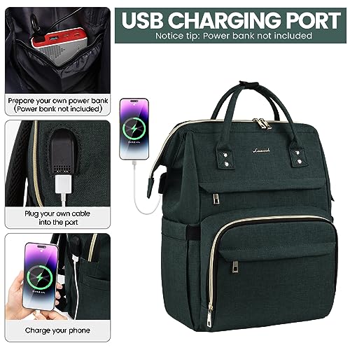 LOVEVOOK Laptop Backpack for Women,17 Inch Professional Womens Travel Backpack Purse Computer Laptop Bag Nurse Teacher Backpack,Waterproof College Work Bags Carry on Back Pack with USB Port,Dark Green