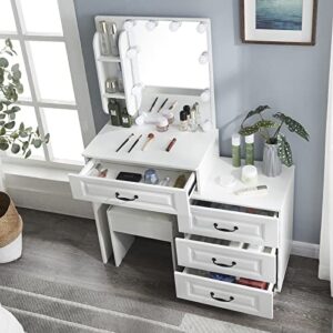 buildonely hollywood vanity table with dimmable switch, dressing table set with lighted mirror and cushioned chair. large storage capacity white vanity set 3 color setting for makeup