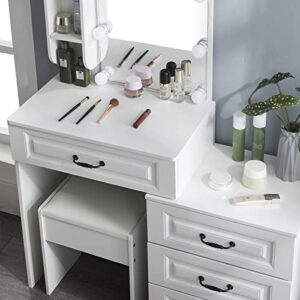 Abesthink Vanity Set Dressing Table with Lighted Mirror,Vanity Mirror with Lights and Table Set,Vanity Desk with Charging Station, Modern Makeup Vanity with Drawers and Stool for Bedroom,Girls