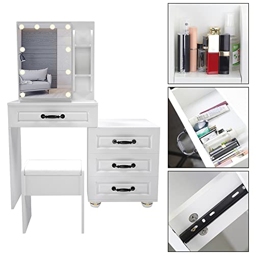 Abesthink Vanity Set Dressing Table with Lighted Mirror,Vanity Mirror with Lights and Table Set,Vanity Desk with Charging Station, Modern Makeup Vanity with Drawers and Stool for Bedroom,Girls