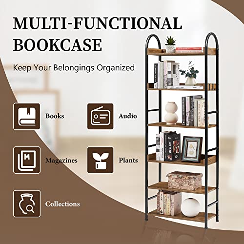 CEMKAR 6-Tier Industrial Wood Bookshelf, Vintage Storage Rack with Open Shelves, Rustic Upright Bookshelf Metal Frame Display Rack for Living Room, Bedroom, Office (Brown)