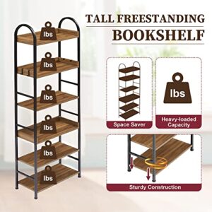 CEMKAR 6-Tier Industrial Wood Bookshelf, Vintage Storage Rack with Open Shelves, Rustic Upright Bookshelf Metal Frame Display Rack for Living Room, Bedroom, Office (Brown)