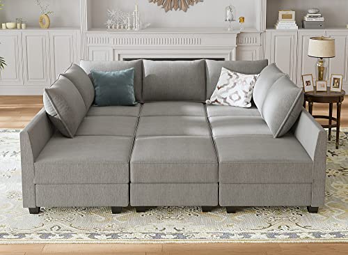 HONBAY Modular Sofa Sectional Couch U Shape Sofa with Ottomans Reversible Sectional Sleeper Sofa Modular Couch Bed with Storage, Grey