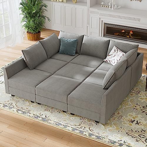 HONBAY Modular Sofa Sectional Couch U Shape Sofa with Ottomans Reversible Sectional Sleeper Sofa Modular Couch Bed with Storage, Grey