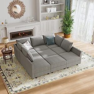 HONBAY Modular Sofa Sectional Couch U Shape Sofa with Ottomans Reversible Sectional Sleeper Sofa Modular Couch Bed with Storage, Grey