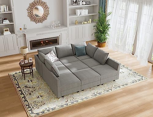 HONBAY Modular Sofa Sectional Couch U Shape Sofa with Ottomans Reversible Sectional Sleeper Sofa Modular Couch Bed with Storage, Grey