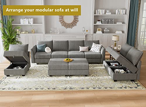 HONBAY Modular Sofa Sectional Couch U Shape Sofa with Ottomans Reversible Sectional Sleeper Sofa Modular Couch Bed with Storage, Grey