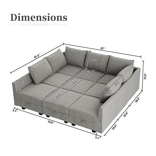 HONBAY Modular Sofa Sectional Couch U Shape Sofa with Ottomans Reversible Sectional Sleeper Sofa Modular Couch Bed with Storage, Grey