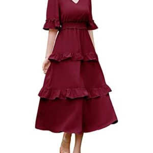 Aonour Womens 2023 Summer Wedding Casual Flutter Sleeves V Neck Flowy Cute High Waist Tiered Ruffle Midi Dress Baby Shower Amazon Modest Dresses ARC1002 Burgundy L