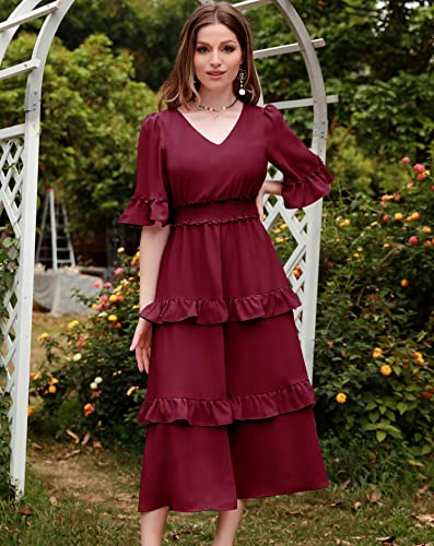 Aonour Womens 2023 Summer Wedding Casual Flutter Sleeves V Neck Flowy Cute High Waist Tiered Ruffle Midi Dress Baby Shower Amazon Modest Dresses ARC1002 Burgundy L