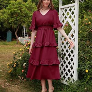 Aonour Womens 2023 Summer Wedding Casual Flutter Sleeves V Neck Flowy Cute High Waist Tiered Ruffle Midi Dress Baby Shower Amazon Modest Dresses ARC1002 Burgundy L