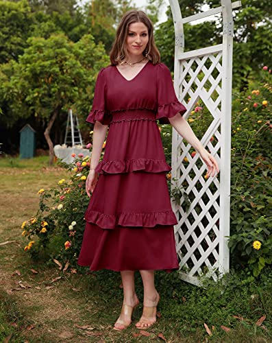 Aonour Womens 2023 Summer Wedding Casual Flutter Sleeves V Neck Flowy Cute High Waist Tiered Ruffle Midi Dress Baby Shower Amazon Modest Dresses ARC1002 Burgundy L