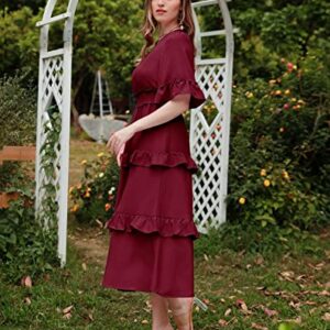 Aonour Womens 2023 Summer Wedding Casual Flutter Sleeves V Neck Flowy Cute High Waist Tiered Ruffle Midi Dress Baby Shower Amazon Modest Dresses ARC1002 Burgundy L