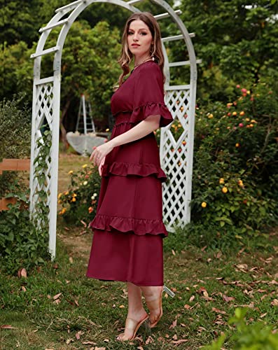 Aonour Womens 2023 Summer Wedding Casual Flutter Sleeves V Neck Flowy Cute High Waist Tiered Ruffle Midi Dress Baby Shower Amazon Modest Dresses ARC1002 Burgundy L