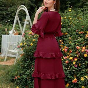 Aonour Womens 2023 Summer Wedding Casual Flutter Sleeves V Neck Flowy Cute High Waist Tiered Ruffle Midi Dress Baby Shower Amazon Modest Dresses ARC1002 Burgundy L