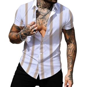 uni clau men's short sleeve dress shirts fashion party button down shirts casual business striped printed shirts m
