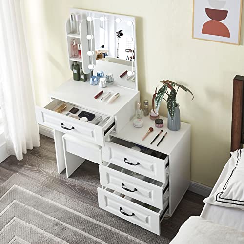 JBLCC Makeup Vanity Set with Lighted Mirror Vanity Table with Drawers and Stool Storage Shelves, Dressing Table Bedroom Furniture (32151)