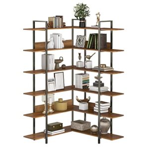 cemkar 6-tier corner bookshelf l shaped bookcase, open large vintage industrial storage and display rack with fall stopper for home office (brown)