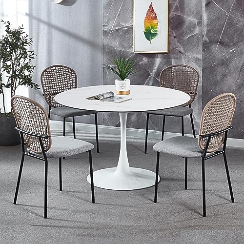 Modern Round Dining Table, 42" White Tulip Table for 4-6 Persons, Faux Marble Pattern Mid-Century Leisure Table for Kitchen Living Room