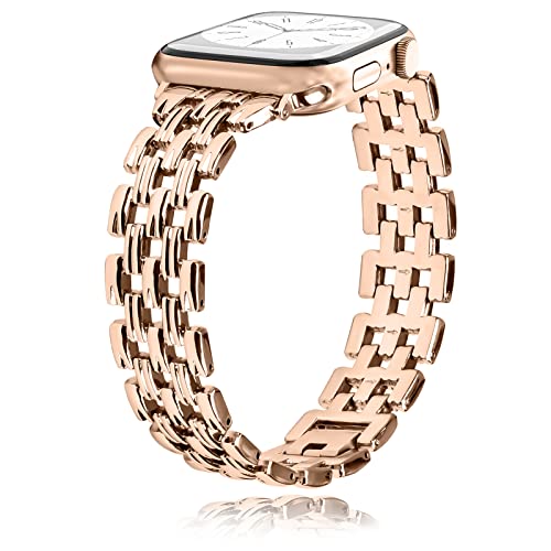 YouthRun Metal Watch Band Compatible with Apple Watch 38mm 40mm 41mm 42mm 44mm 45mm 49mm, Dressy Strap with V-Shape Debossed Design for Women Men, Pretty Shiny Look (Rose Gold)