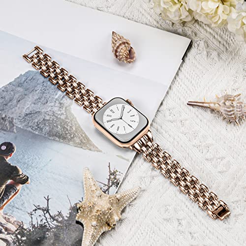 YouthRun Metal Watch Band Compatible with Apple Watch 38mm 40mm 41mm 42mm 44mm 45mm 49mm, Dressy Strap with V-Shape Debossed Design for Women Men, Pretty Shiny Look (Rose Gold)