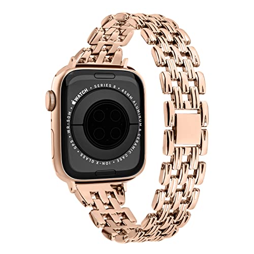 YouthRun Metal Watch Band Compatible with Apple Watch 38mm 40mm 41mm 42mm 44mm 45mm 49mm, Dressy Strap with V-Shape Debossed Design for Women Men, Pretty Shiny Look (Rose Gold)