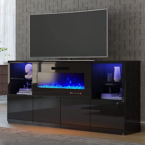 Amerlife 68" TV Stand with 40" Electric Fireplace, Modern High Gloss Media Entertainment Center with LED Lights for TVs up to 78", TV Console Cabinet with Glass Shelves Lower Storage, Black