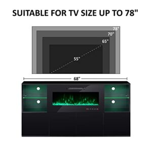 Amerlife 68" TV Stand with 40" Electric Fireplace, Modern High Gloss Media Entertainment Center with LED Lights for TVs up to 78", TV Console Cabinet with Glass Shelves Lower Storage, Black