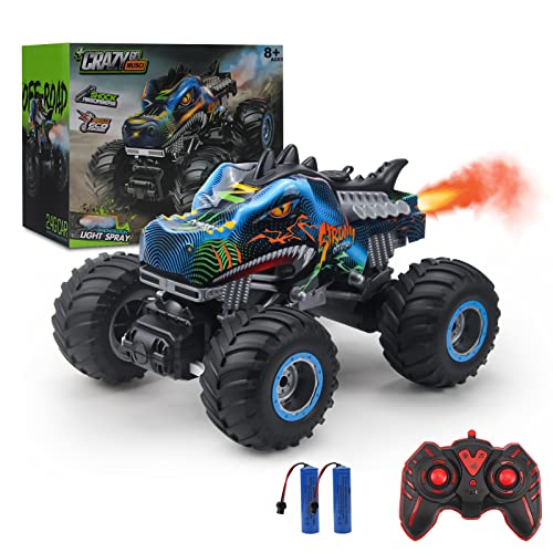 Rhybor Remote Control Dinosaur Car, 2.4GHz All Terrain Remote Control Monster Truck, RC Dinosaur Monster Car with 2 Batteries, Spray Music RC Monster Truck for Boys 4-7 8-12 and Girls