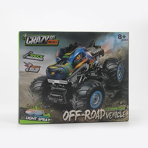 Rhybor Remote Control Dinosaur Car, 2.4GHz All Terrain Remote Control Monster Truck, RC Dinosaur Monster Car with 2 Batteries, Spray Music RC Monster Truck for Boys 4-7 8-12 and Girls